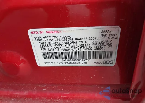 2008 Mitsubishi Lancer Gts z USA, uszkodzony, nr VIN JA3AU86U98U014788